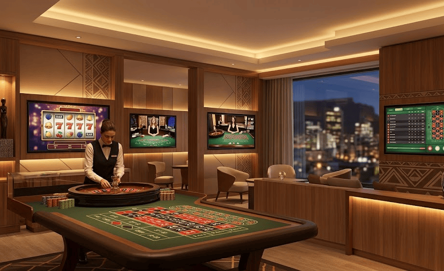 Mzansibet Casino homepage with lobby categories and account menu
